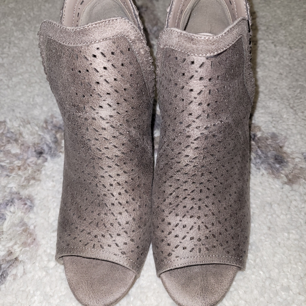 Like new Fergalicious slip on open toe 3 1/2 in heeled booties